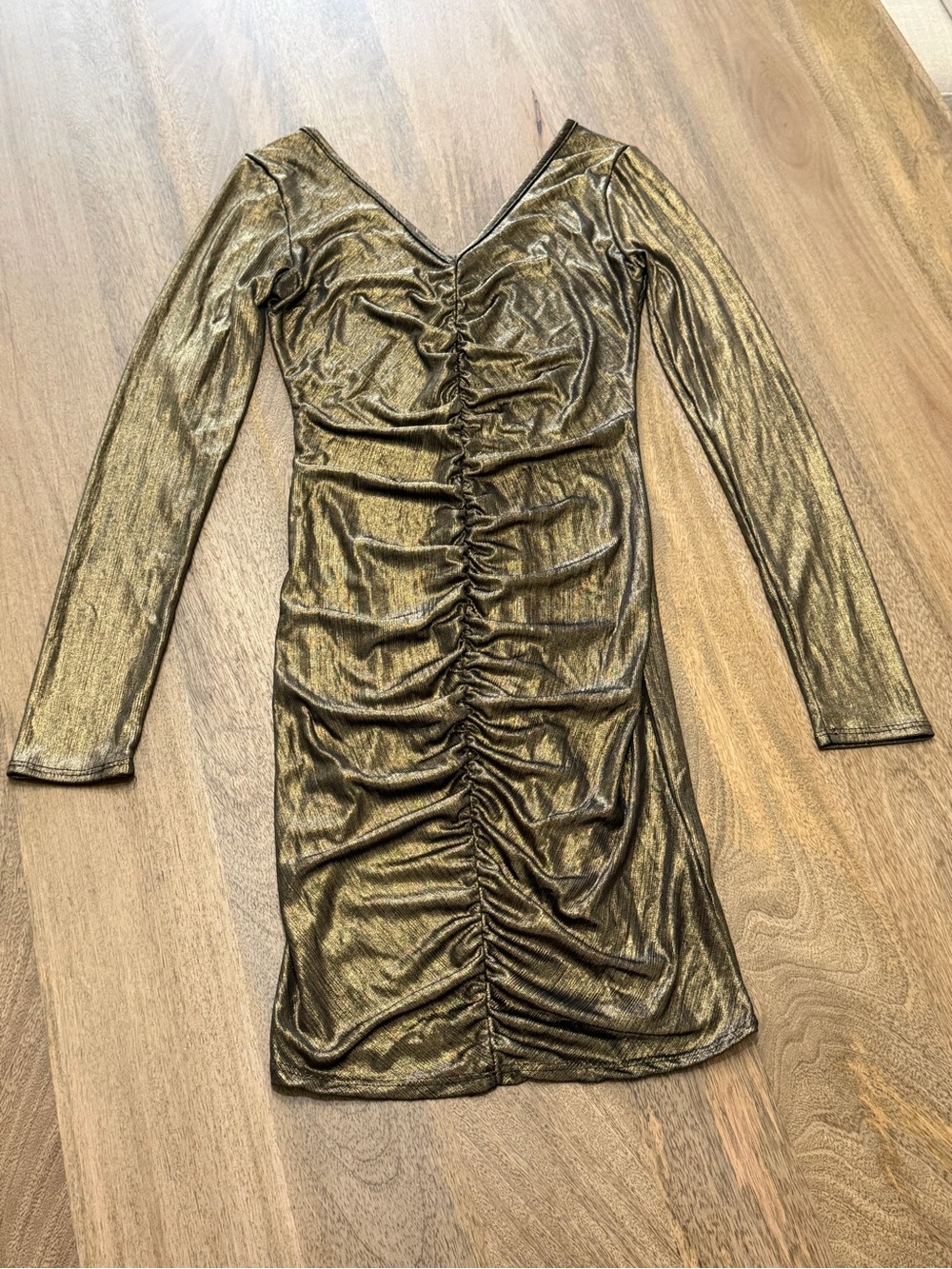 Shimmery Gold Ruched V-Neck Long Sleeve Dress